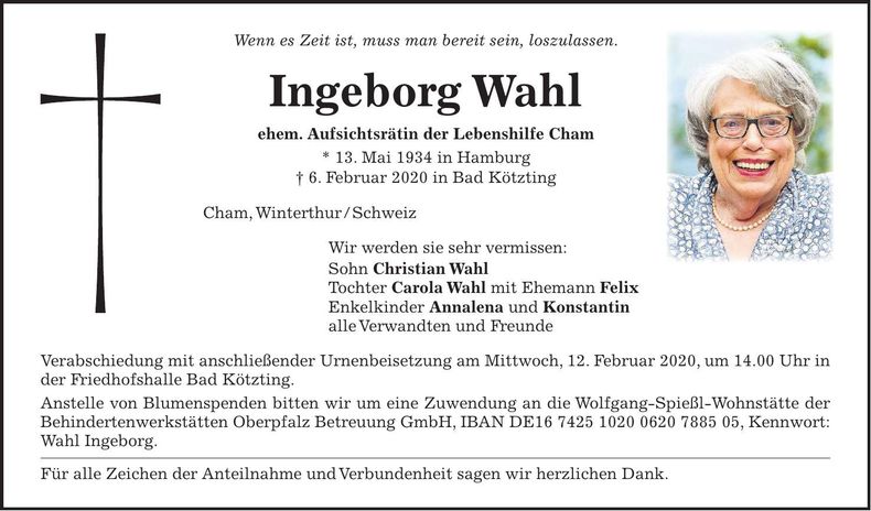 Traueranzeige Ingeborg Wahl
