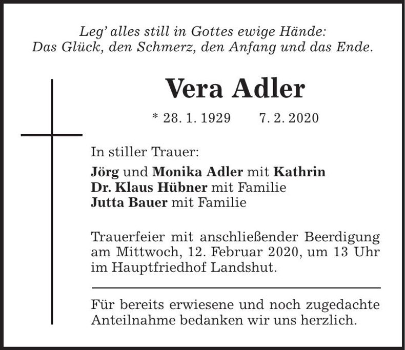 Traueranzeige Vera Adler