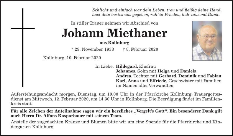Traueranzeige Johann Miethaner