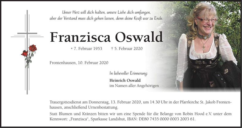 Traueranzeige Franzisca Oswald