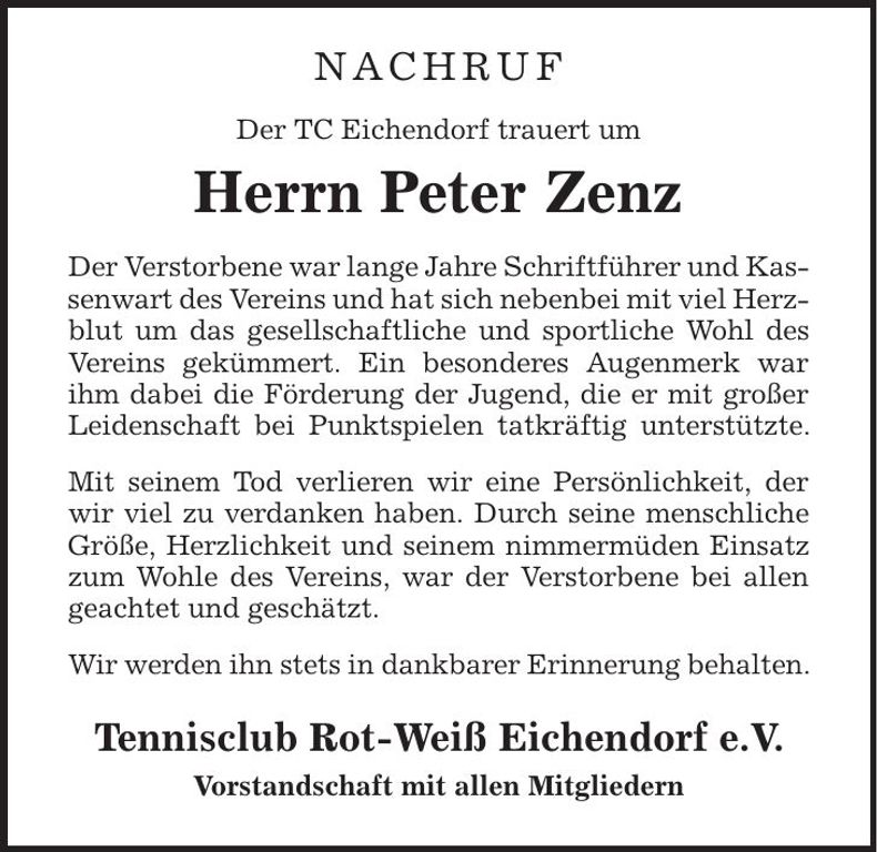 Traueranzeige Peter Zenz