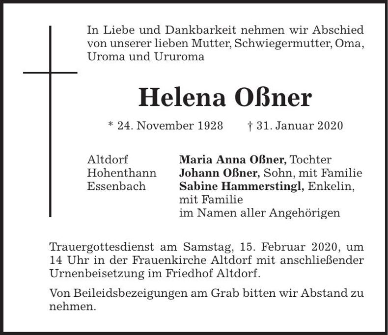 Traueranzeige Helena Oßner