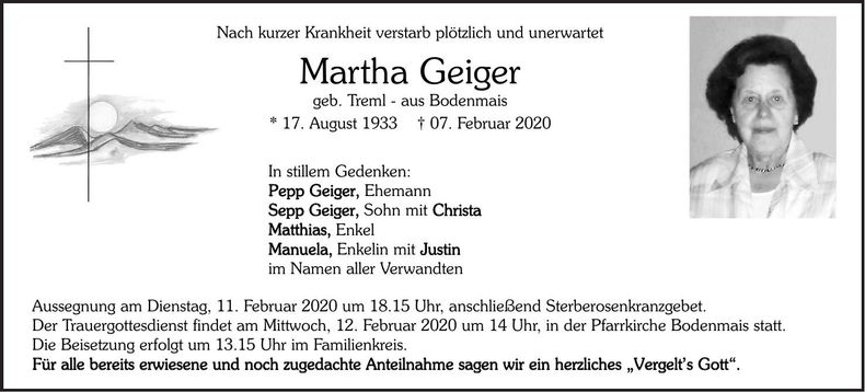 Traueranzeige Martha Geiger