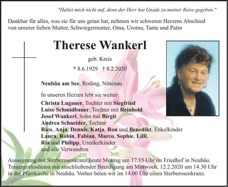 Traueranzeige Therese Wankerl