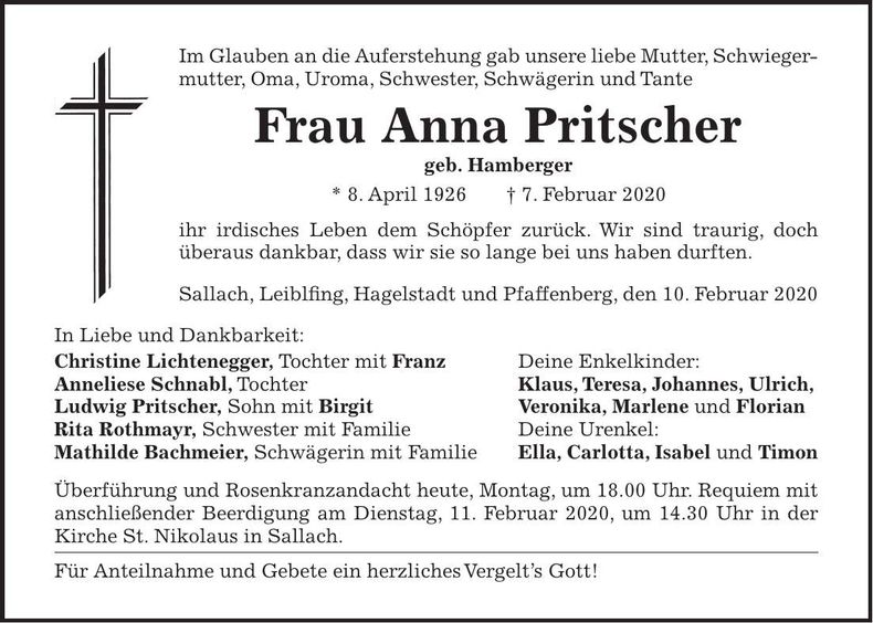Traueranzeige Anna Pritscher