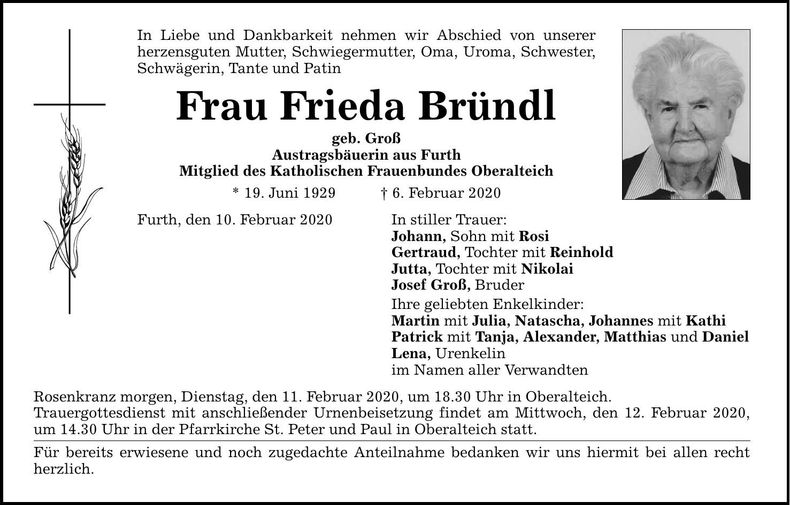 Traueranzeige Frieda Bründl