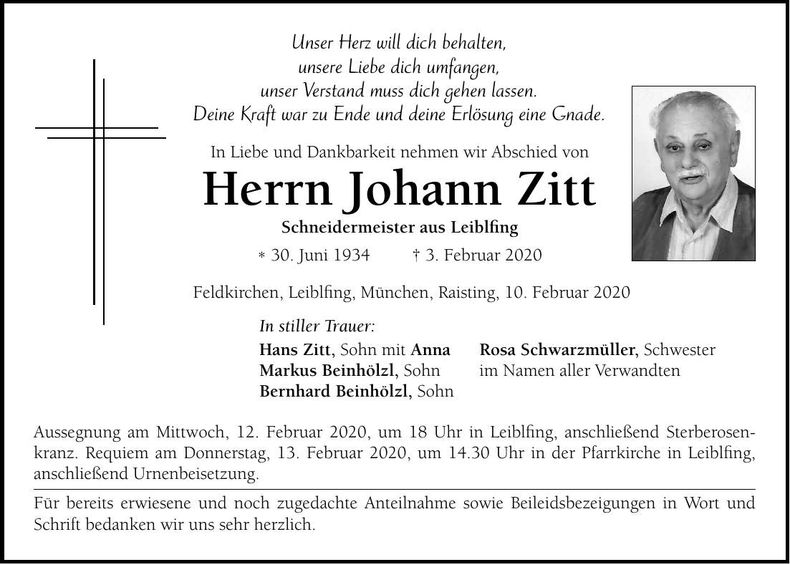 Traueranzeige Johann Zitt