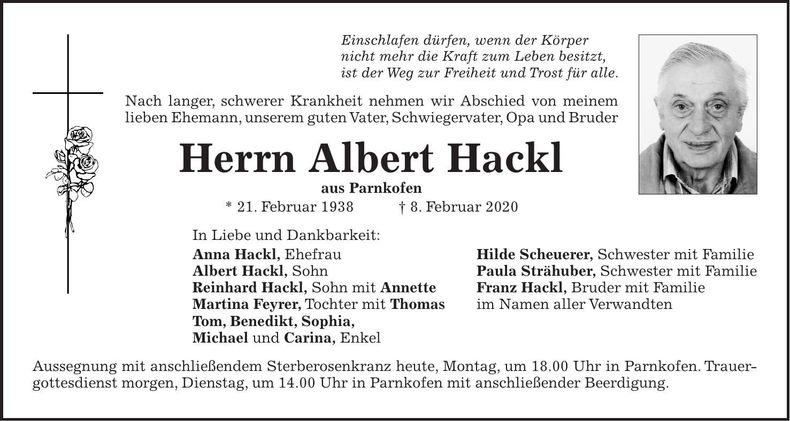 Traueranzeige Albert Hackl