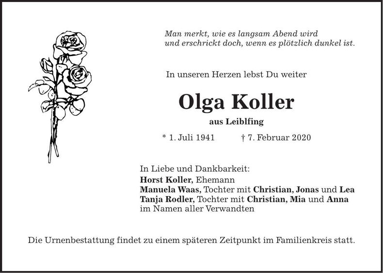 Traueranzeige Olga Koller