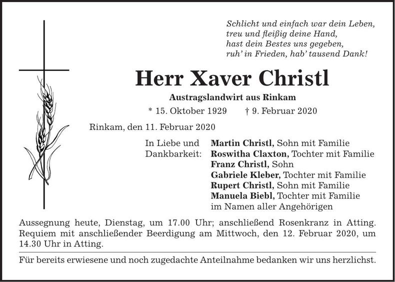 Traueranzeige Xaver Christl