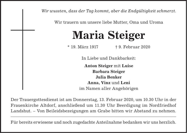 Traueranzeige Maria Steiger