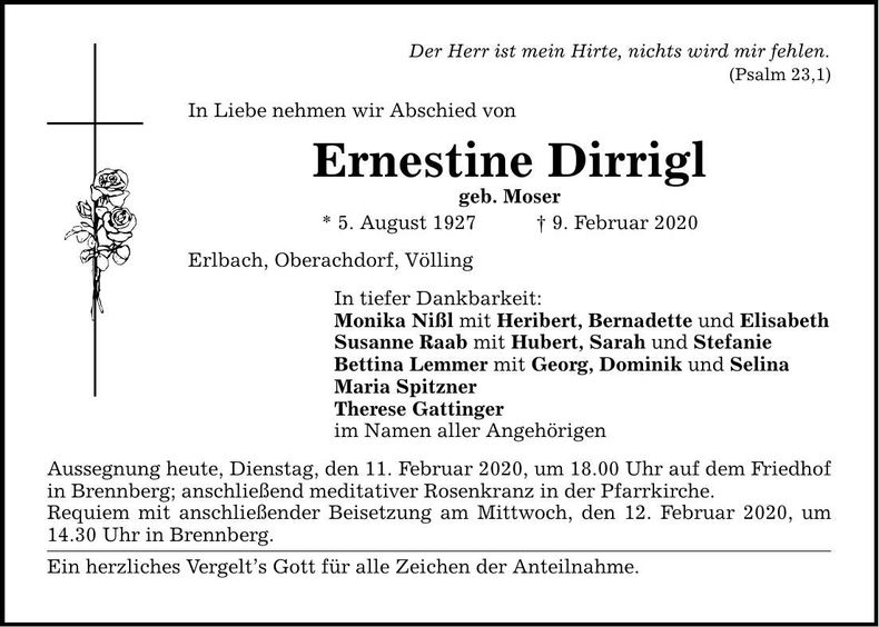 Traueranzeige Ernestine Dirrigl