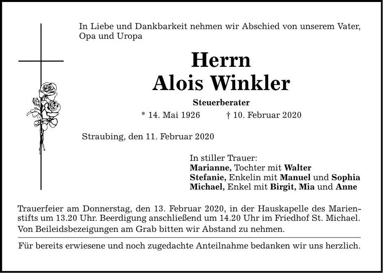Traueranzeige Alois Winkler
