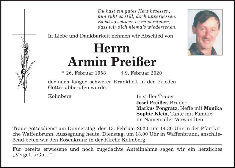 Traueranzeige Armin Preißer