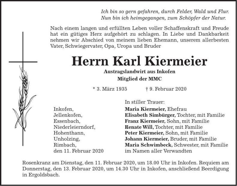 Traueranzeige Karl Kiermeier
