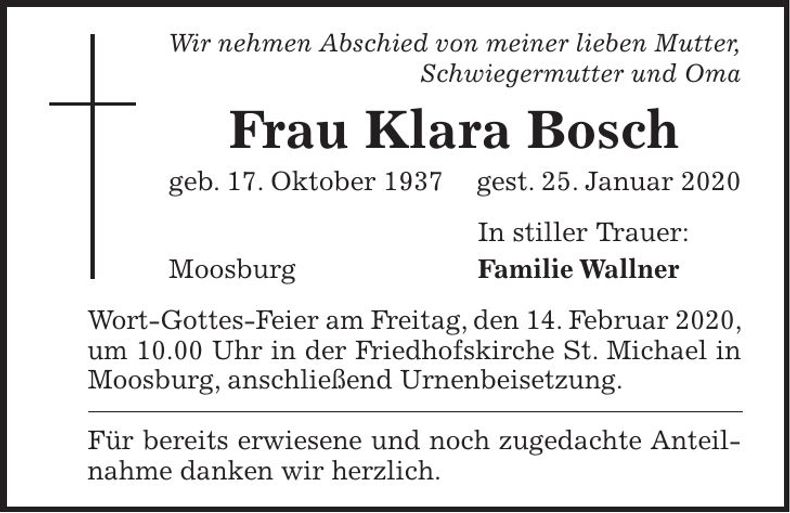 Traueranzeige Klara Bosch