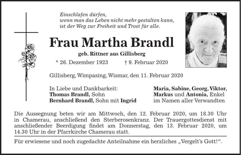 Traueranzeige Martha Brandl