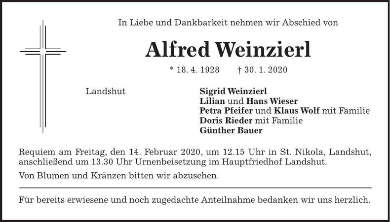 Traueranzeige Alfred Weinzierl