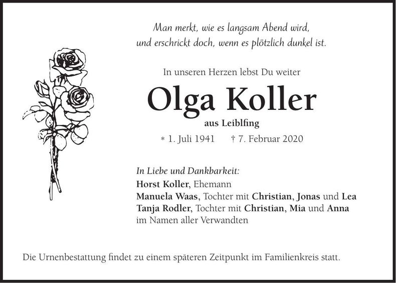 Traueranzeige Olga Koller