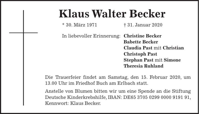 Traueranzeige Klaus Walter Becker
