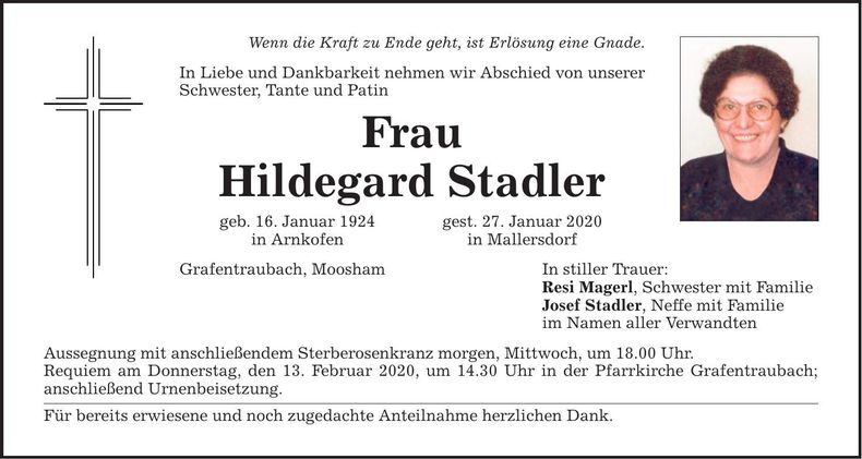 Traueranzeige Hildegard Stadler