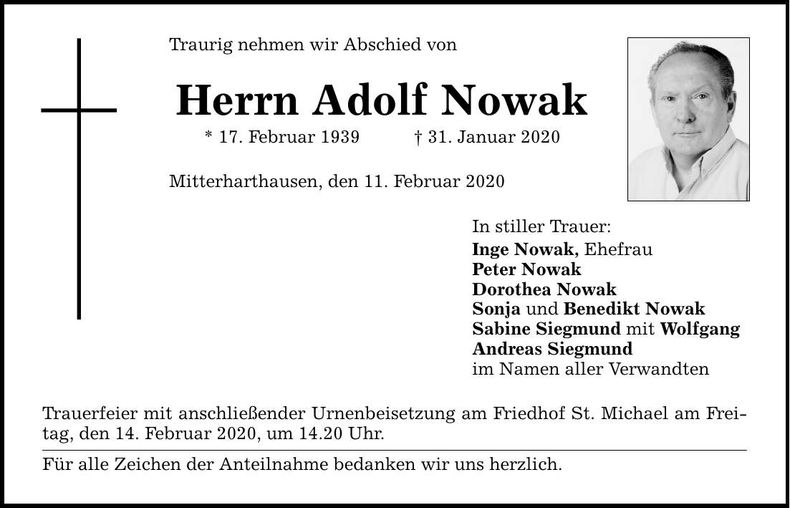 Traueranzeige Adolf Nowak