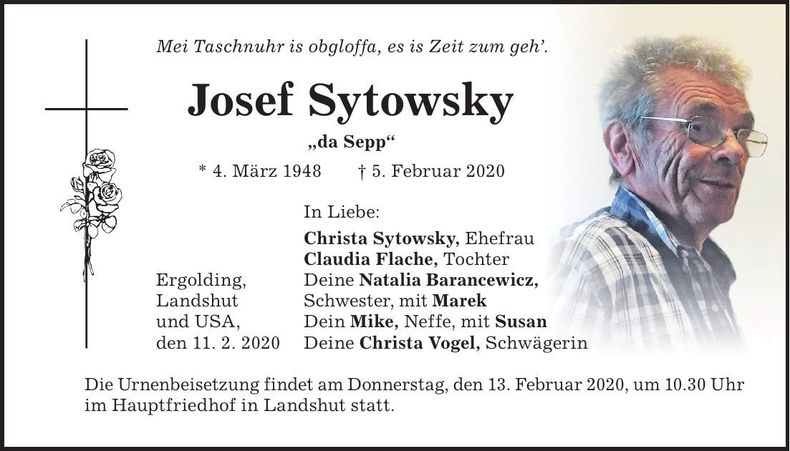 Traueranzeige Josef Sytowsky