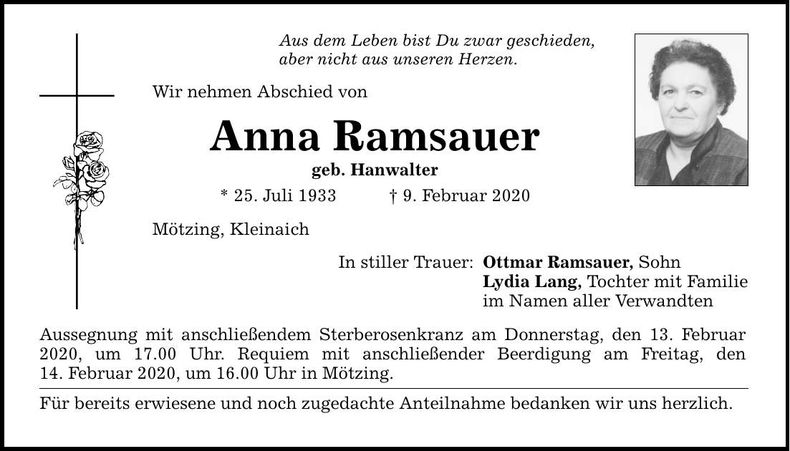 Traueranzeige Anna Ramsauer