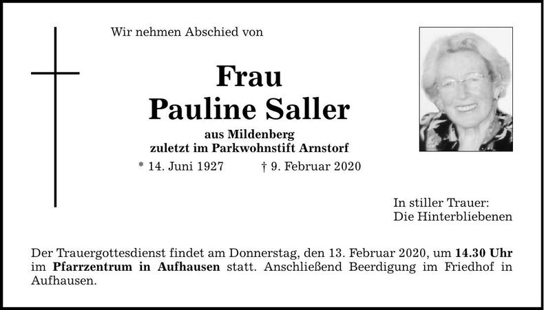 Traueranzeige Pauline Saller