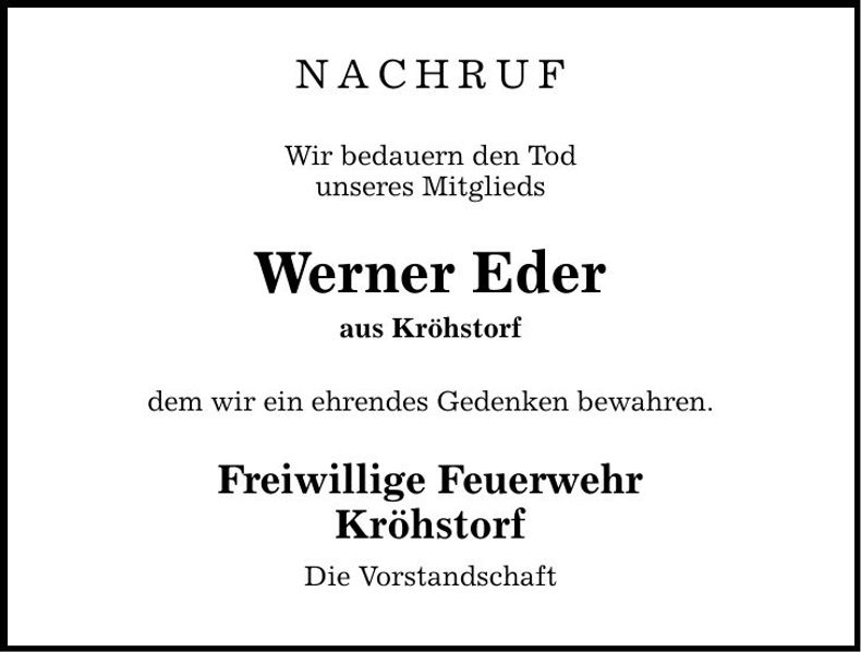 Traueranzeige Werner Eder
