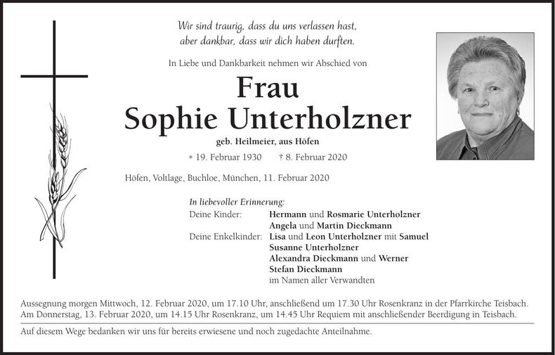 Traueranzeige Sophie Unterholzner