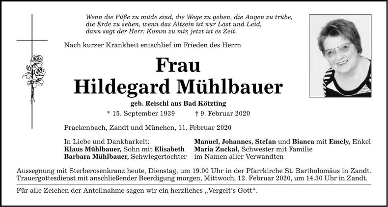 Traueranzeige Hildegard Mühlbauer