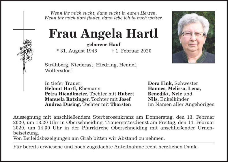 Traueranzeige Angela Hartl