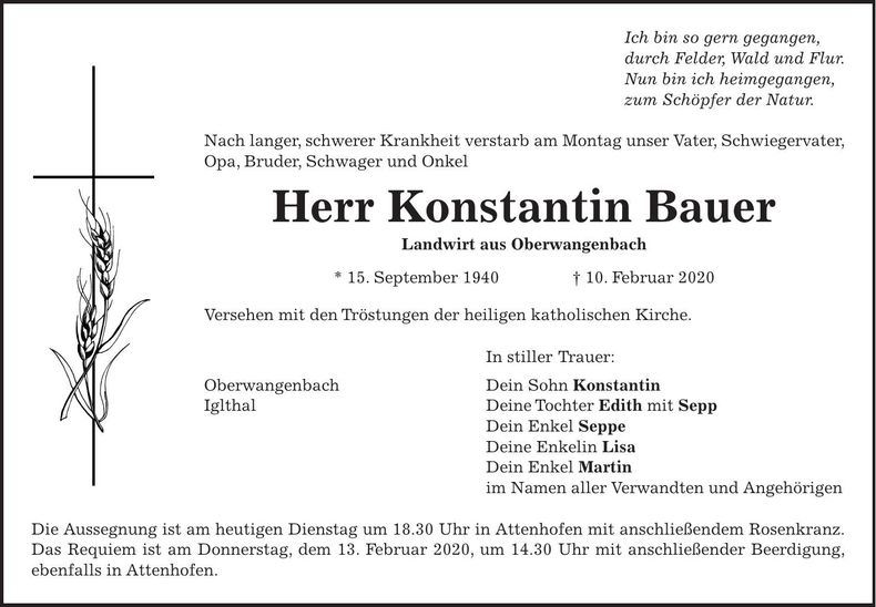 Traueranzeige Konstantin Bauer