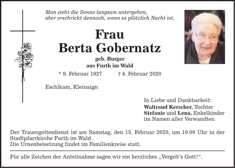 Traueranzeige Berta Gobernatz