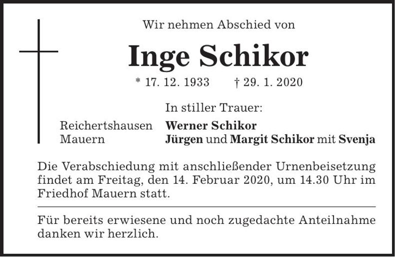 Traueranzeige Inge Schikor
