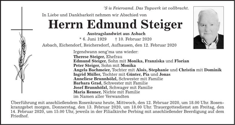 Traueranzeige Edmund Steiger