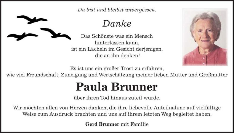 Traueranzeige Paula Brunner