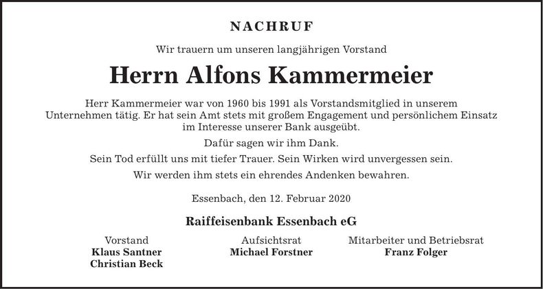Traueranzeige Alfons Kammermeier