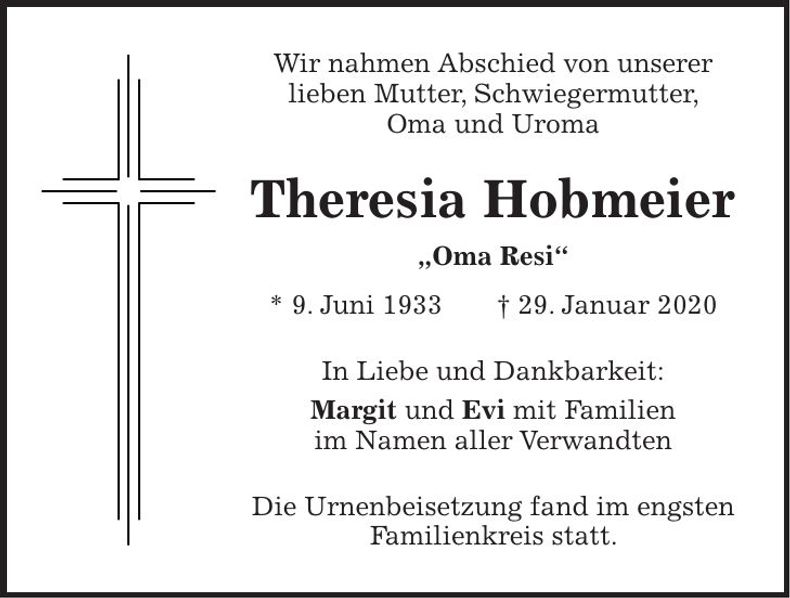 Traueranzeige Theresia Hobmeier