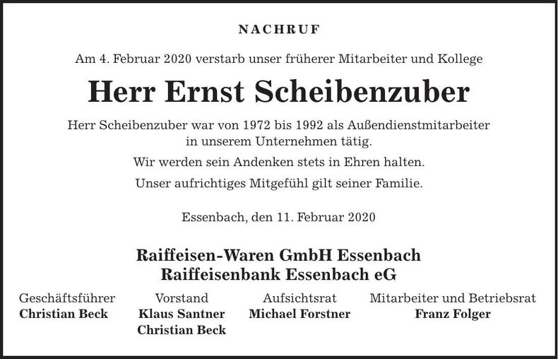 Traueranzeige Ernst Scheibenzubber