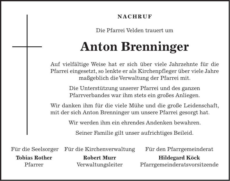 Traueranzeige Anton Brenninger
