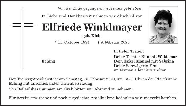 Traueranzeige Elfriede Winklmayer