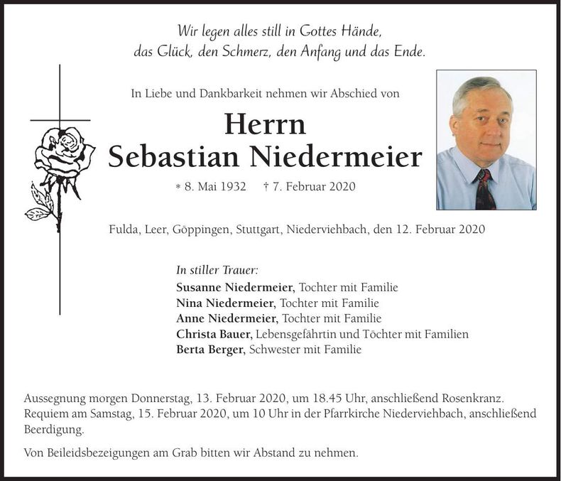 Traueranzeige Sebastian Niedermeier