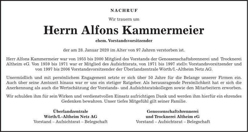 Traueranzeige Alfons Kammermeier