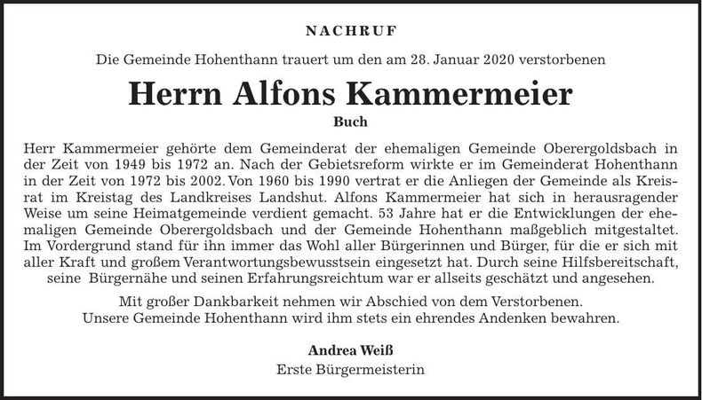 Traueranzeige Alfons Kammermeier