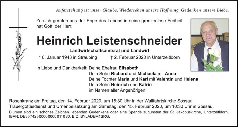 Traueranzeige Heinrich Leistenschneider