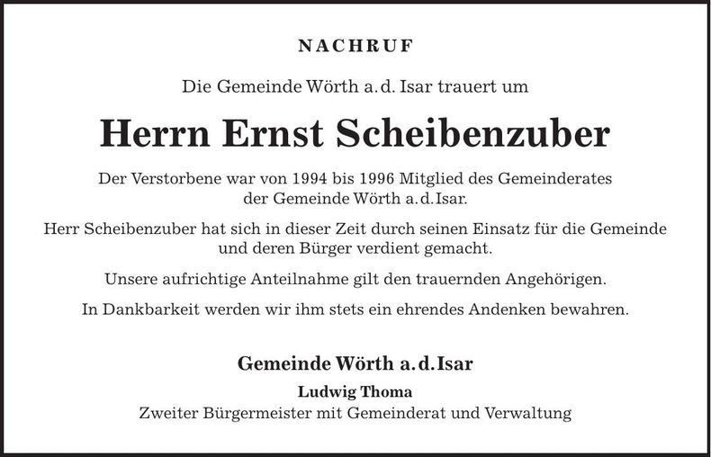 Traueranzeige Scheibenzuber Ernst