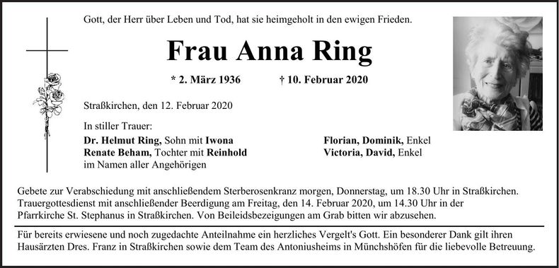 Traueranzeige Anna Ring