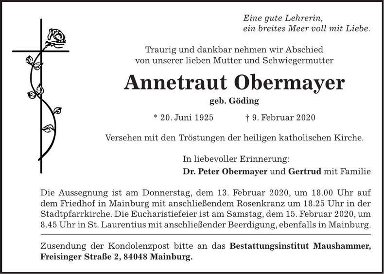 Traueranzeige Annetraut Obermayer